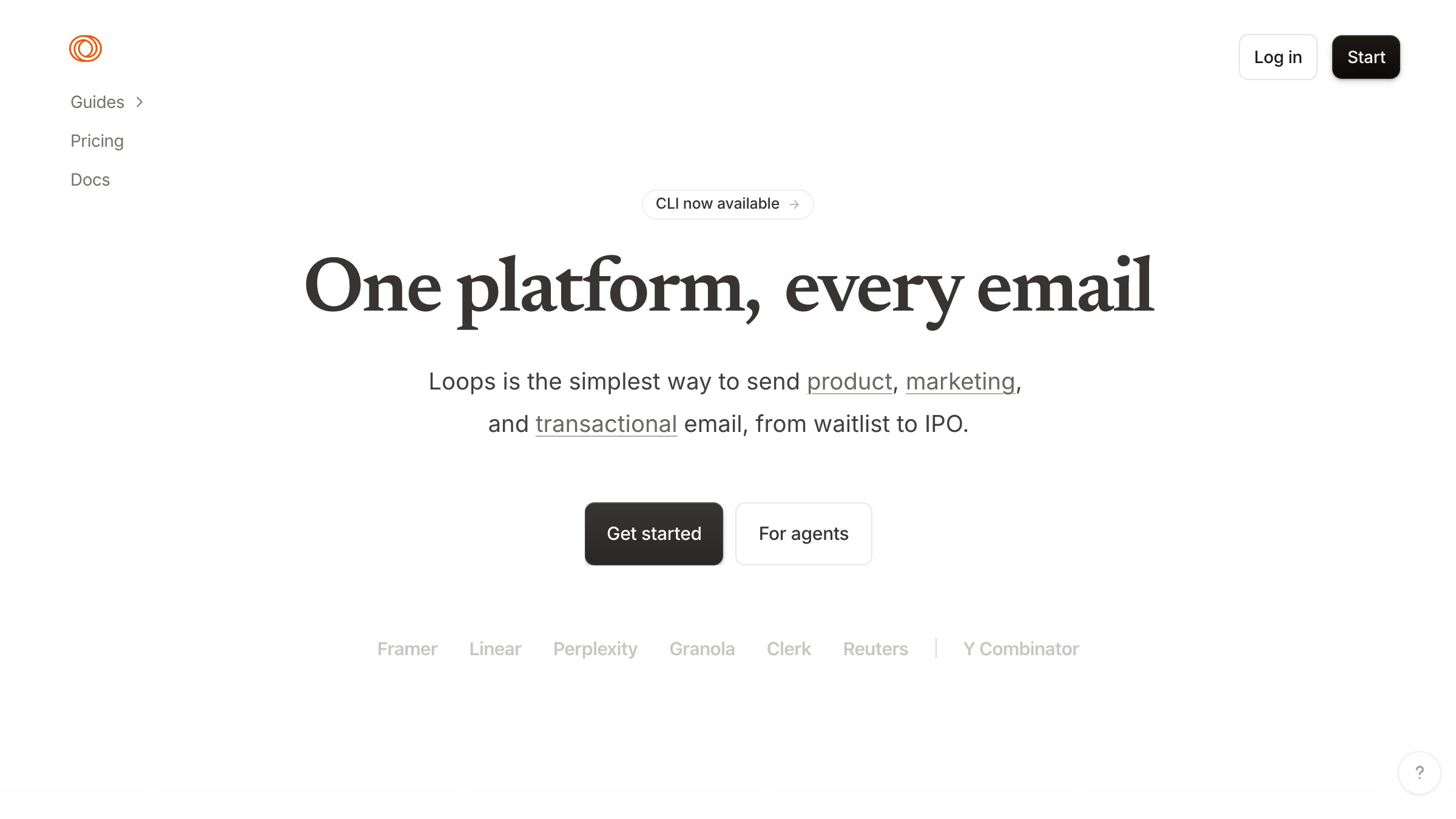 Loops homepage with an animated cycling headline as the primary attention grab.