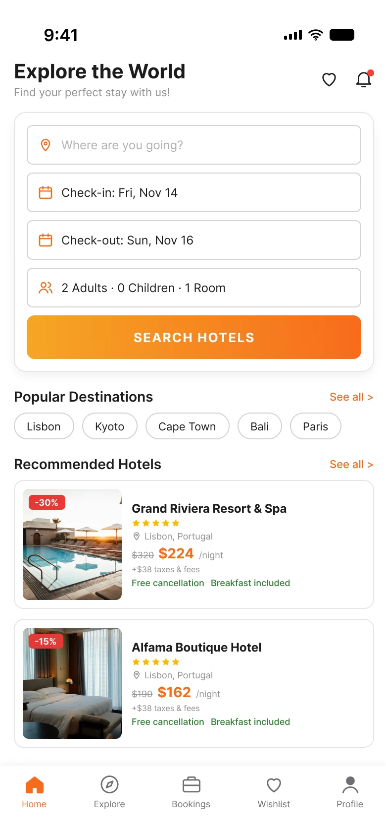 A hotel booking home screen with a four-field search form, a gradient button, destination names as text pills and small hotel cards with crossed-out prices