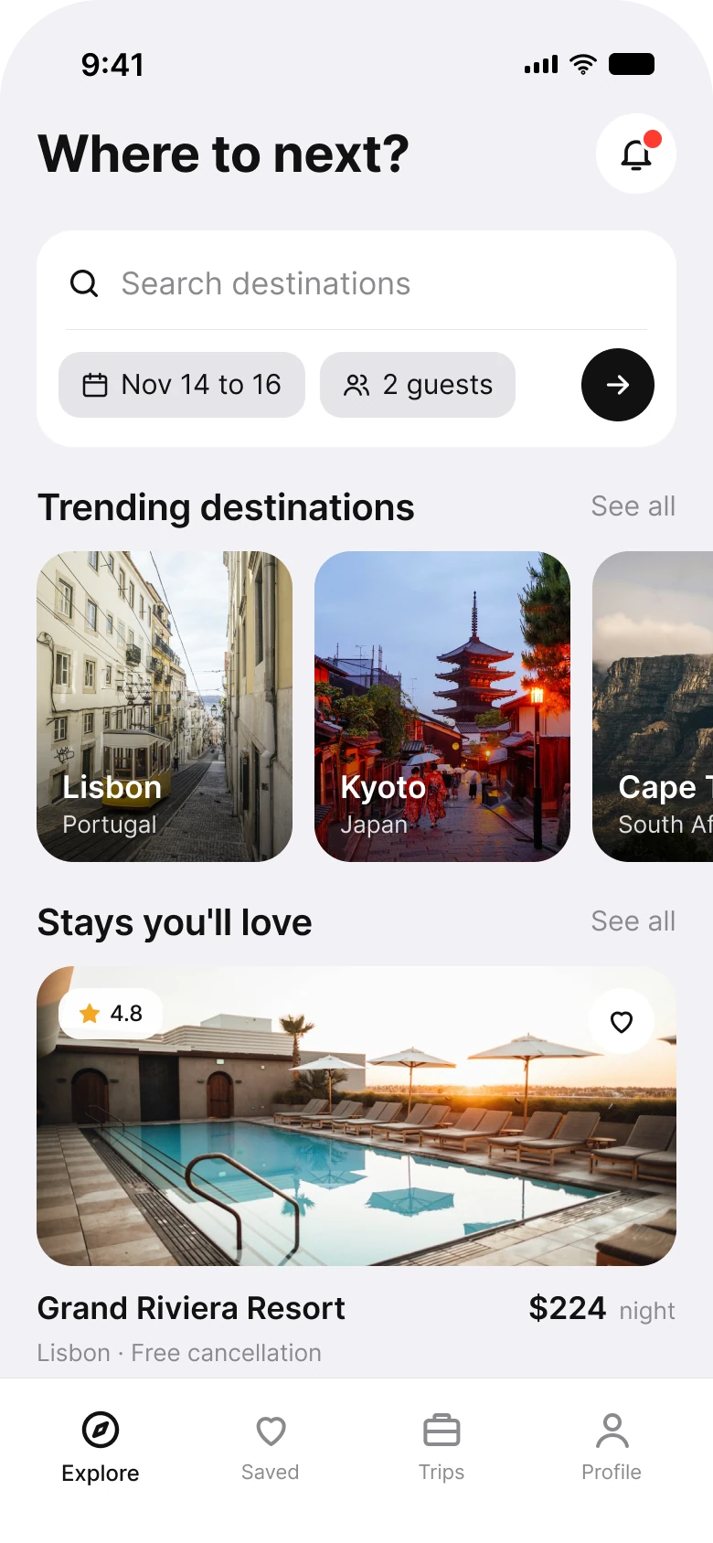 The same hotel booking home screen fixed: Where to next, one search field with date and guest chips, photo tiles of Lisbon and Kyoto, and one large hotel card with a single price
