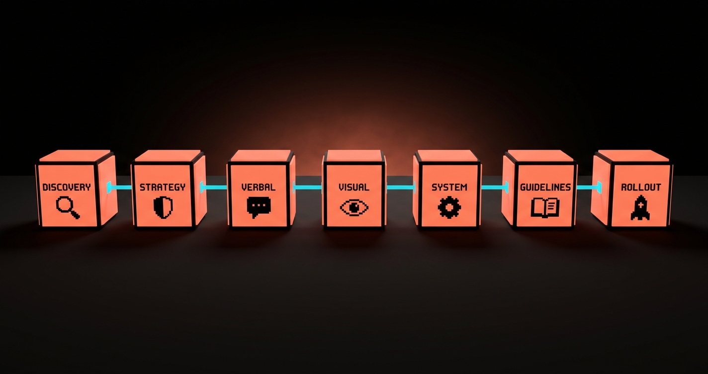 The seven-phase brand identity roadmap: Discovery, Strategy, Verbal, Visual, System, Guidelines, Rollout, with deliverables listed under each phase