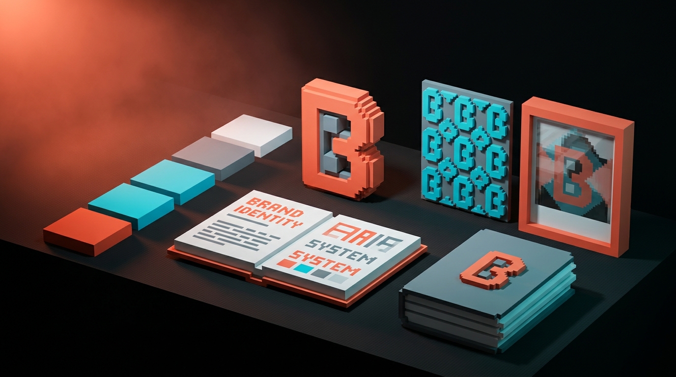 A complete brand system spread: logo, color palette, typography samples, pattern motif, photography treatment, shown as a unified composition