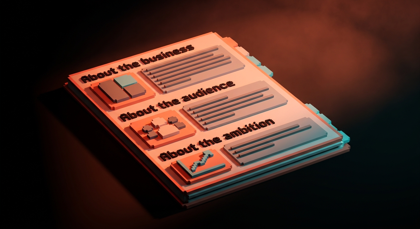 An annotated discovery document laid out as a designer would structure it, with key sections visible: about the business, about the audience, about the ambition