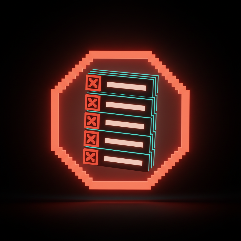 Voxel checklist card stack tilted toward camera with a coral header bar reading KILL CRITERIA, five rows of trigger boxes and short text bars, faint coral glow underneath