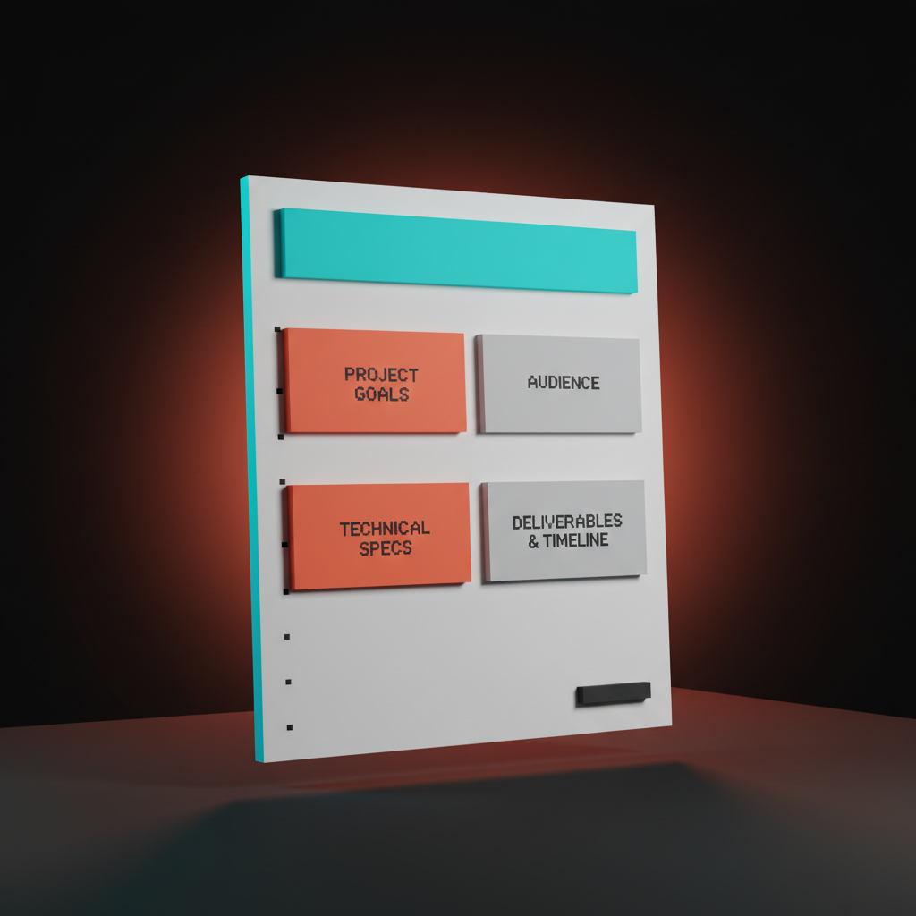 Voxel rendering of a single tilted page with four labeled section blocks for Decider, Scope, Budget, Deadline, and a coral SIGNED stamp in the corner