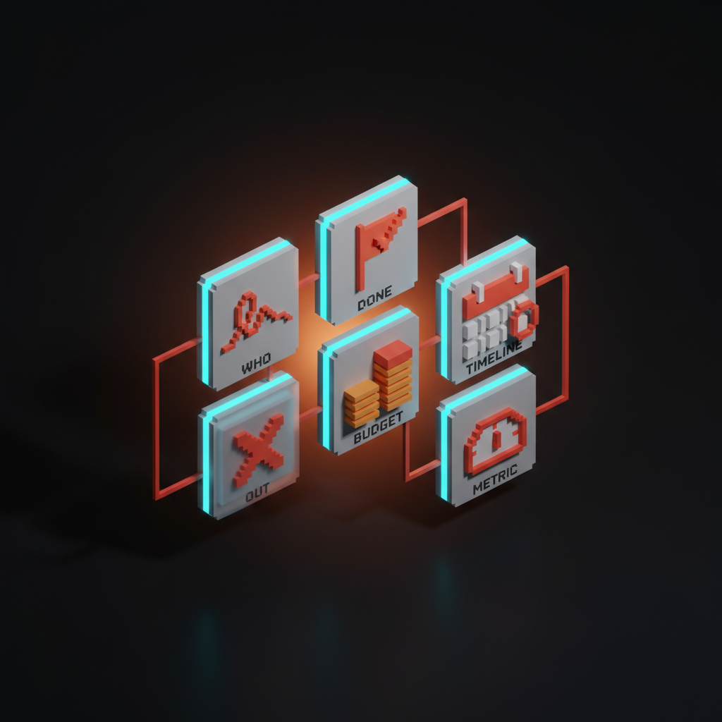 Voxel framework diagram of six labeled cards in a 3 by 2 grid, each holding a tiny coral icon for one of the six questions: who, done, out, budget, timeline, metric