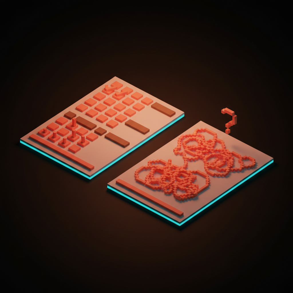 Voxel comparison of two pages: left labeled BRIEF with six tight coral numbered rows and a SIGNED stamp, right labeled WISH LIST with overflowing pale gray text and stray question marks