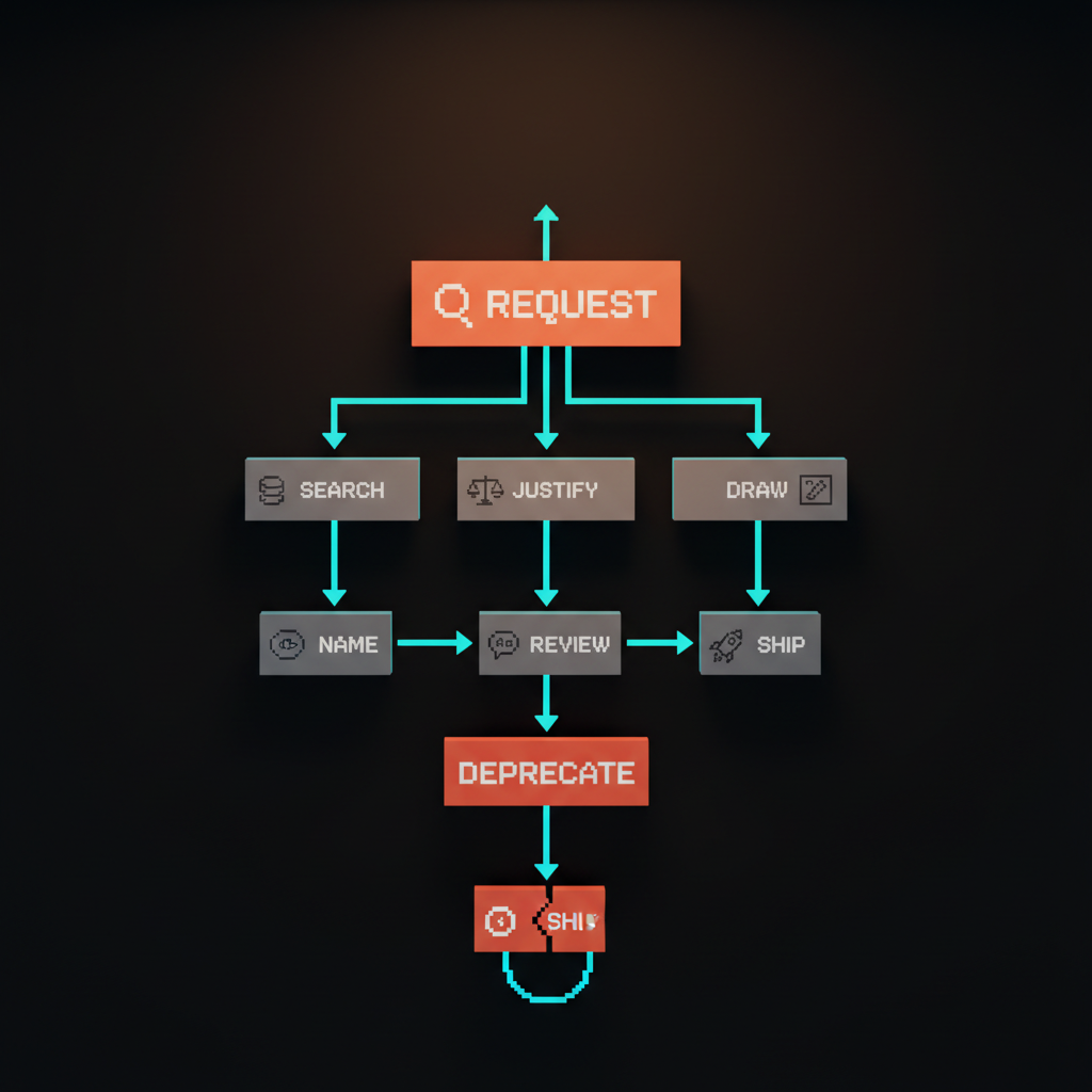 Voxel flowchart of the icon governance loop. Starts with REQUEST in red, branches into SEARCH, JUSTIFY, DRAW, REVIEW, NAME, SHIP, ends with a green DEPRECATE node feeding back to the start