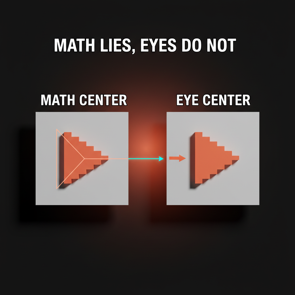 Voxel comparison. Left labeled mathematically aligned: a play button centered in its bounding box looks like it leans left. Right labeled optically aligned: the same play button shifted right by 2 pixels reads as visually centered