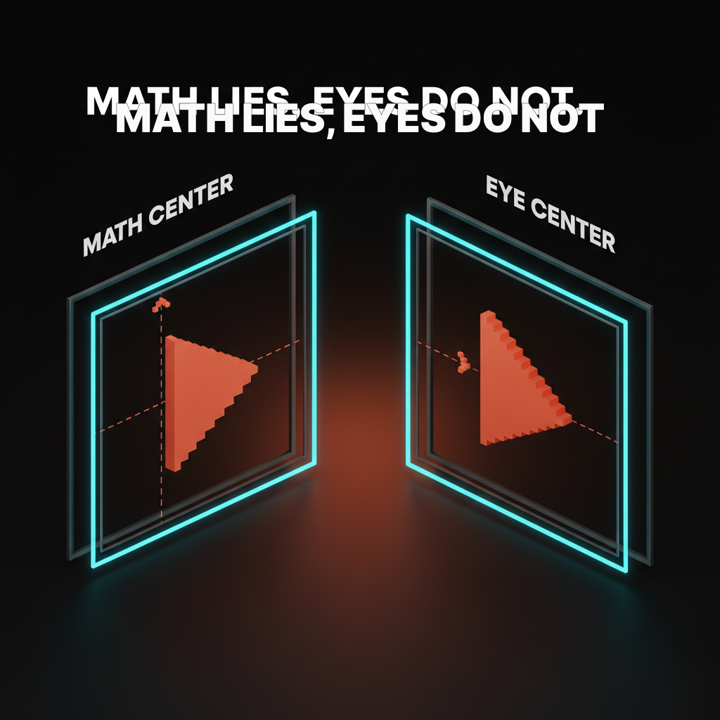 Voxel comparison. Left labeled mathematically aligned: a play button centered in its bounding box looks like it leans left. Right labeled optically aligned: the same play button shifted right by 2 pixels reads as visually centered