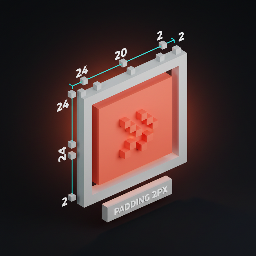 Voxel diagram of a 24-pixel icon grid. The outer 24x24 cell is light, the inner 20x20 live area is highlighted, and a sample icon (a chevron) sits inside the live area with measurement marks