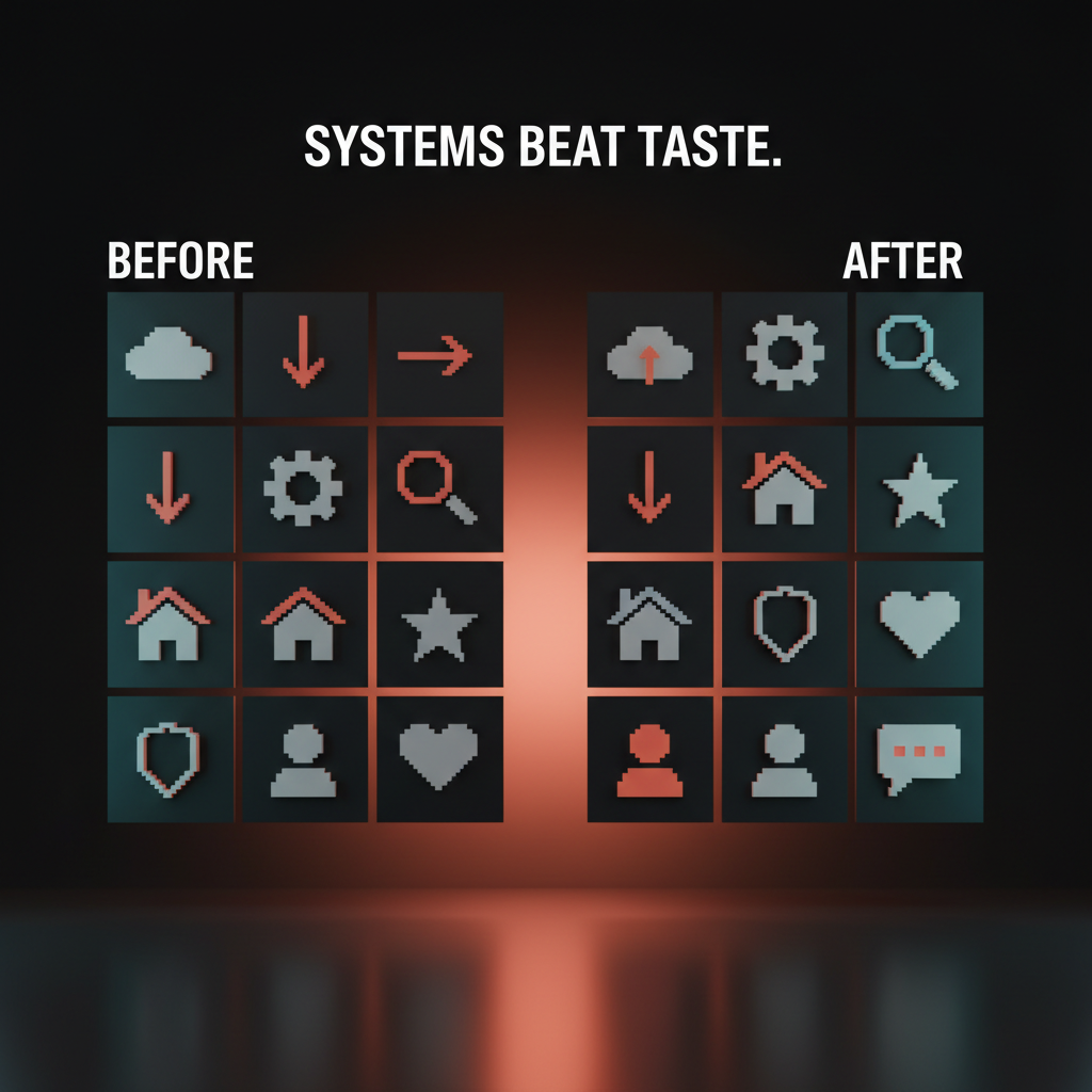 Voxel side by side comparison. Left labeled BEFORE: ten icons with mismatched stroke weights, corner radii, and sizes. Right labeled AFTER: the same ten icons redrawn at one stroke weight, one radius, and one optical scale