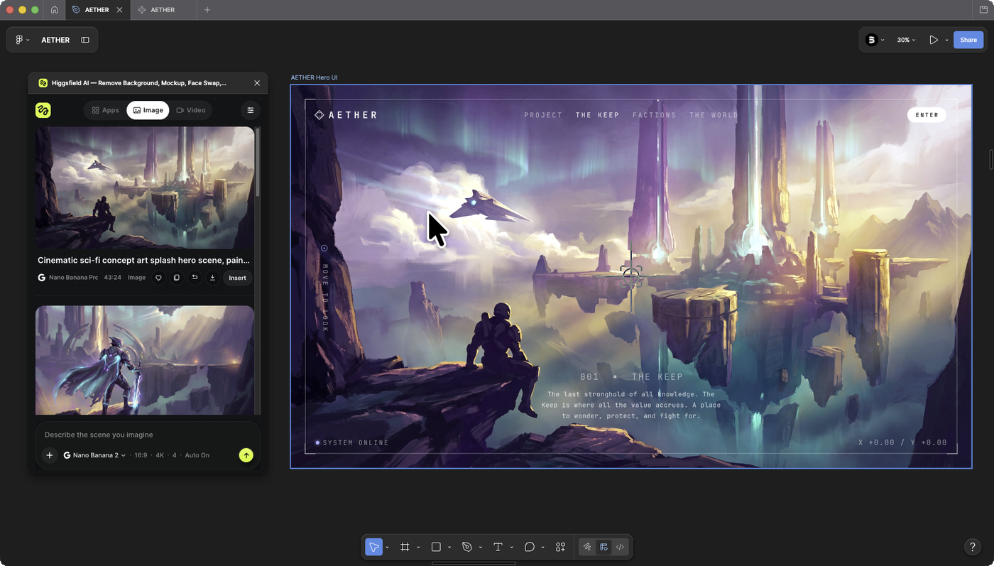 The AETHER hero interface built over the scene in Figma: logo, nav, caption, and HUD details.