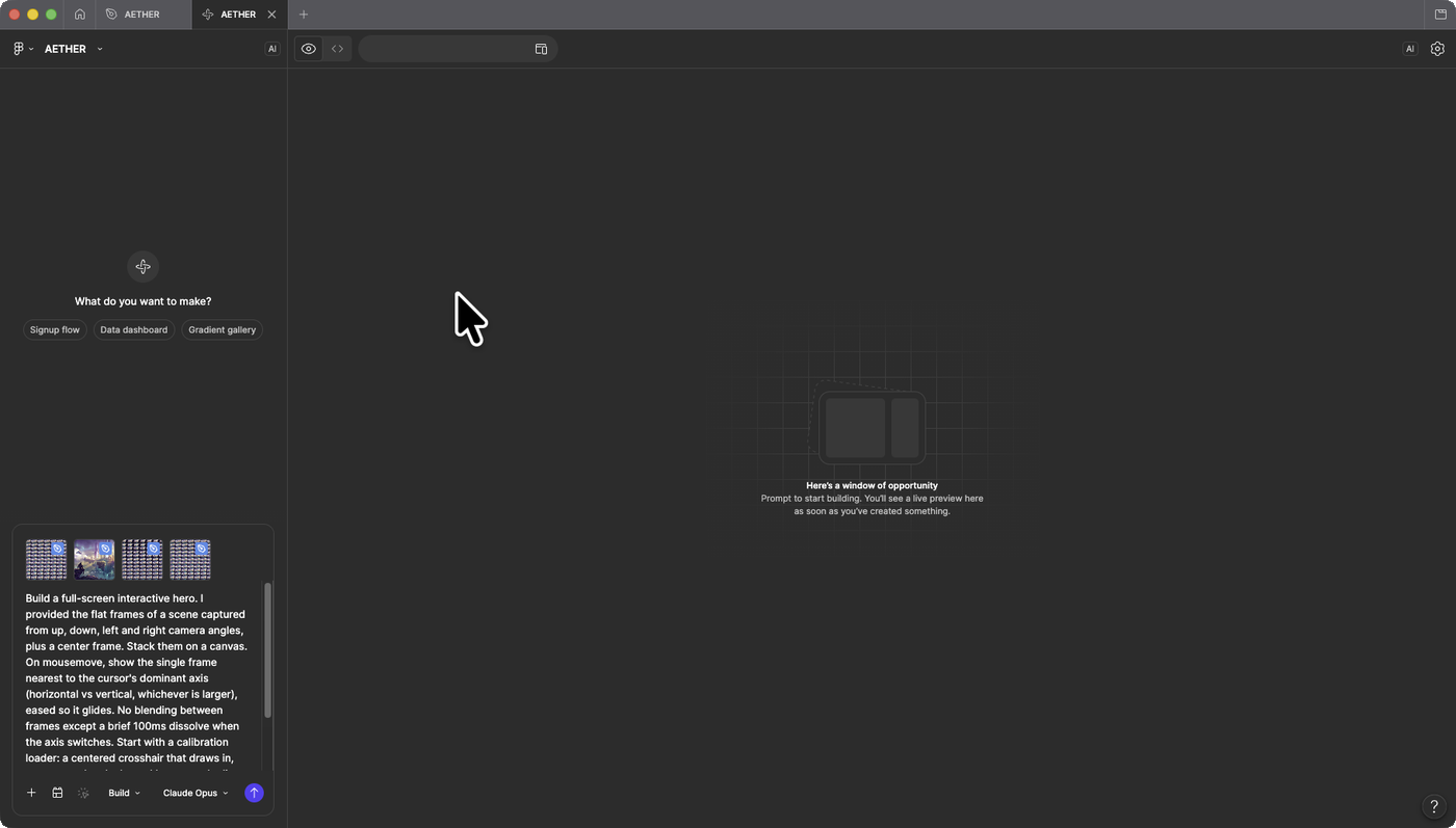 Figma Make with the direction frames attached and the build prompt ready to run.
