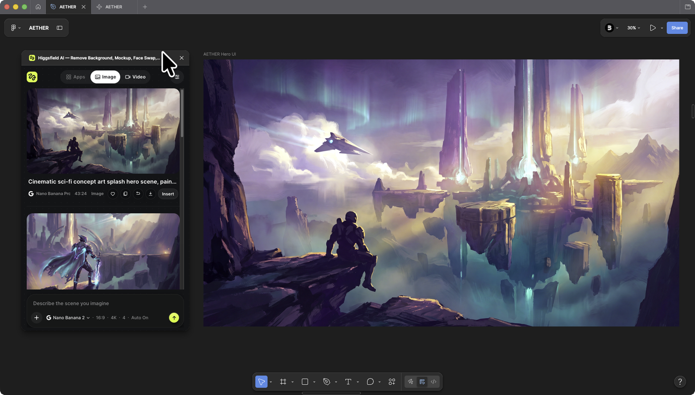 The Higgsfield plugin generating the base scene inside Figma, ready to insert onto the canvas.