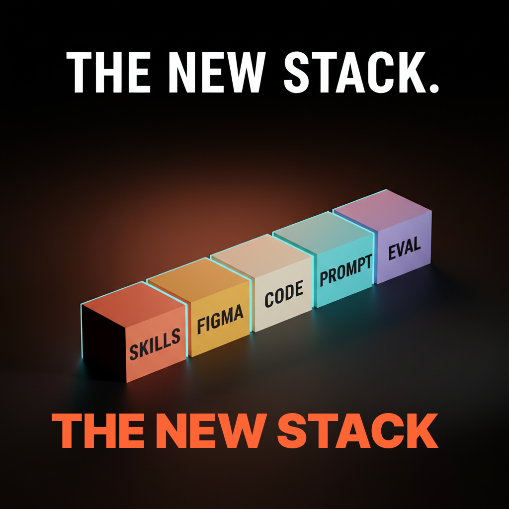 Composition voxel d'une rangée horizontale de cinq petits blocs lourds, de couleur corail, ambre, crème, cyan et violet doux, sur le sol du studio. Étiquettes gravées portant le mot « COMPÉTENCES » : « Figma Code Prompt Eval ».