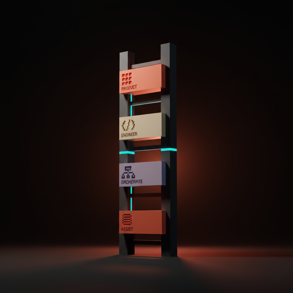 Composition voxel d'une grande échelle à quatre barreaux en corail, ambre, crème et violet clair, étiquettes gravées portant l'inscription « ASSIST ORCHESTRATE ENGINEER PRODUCT », sol de studio sombre avec une brume corail