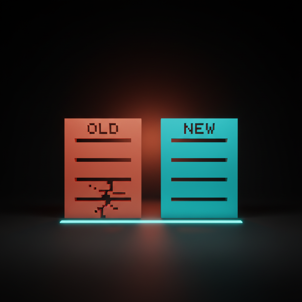 Voxelvergleichsdiagramm mit zwei nebeneinander auf dem Studioboden liegenden Platten: die linke korallenfarbene Platte mit der Aufschrift „ALT“ und einer gerissenen unteren Sprosse, die rechte cyanfarbene Platte mit der Aufschrift „NEU“ und vier massiven Sprossen in abgestuften Höhen; dunkles Studio mit korallenfarbenem Dunst.