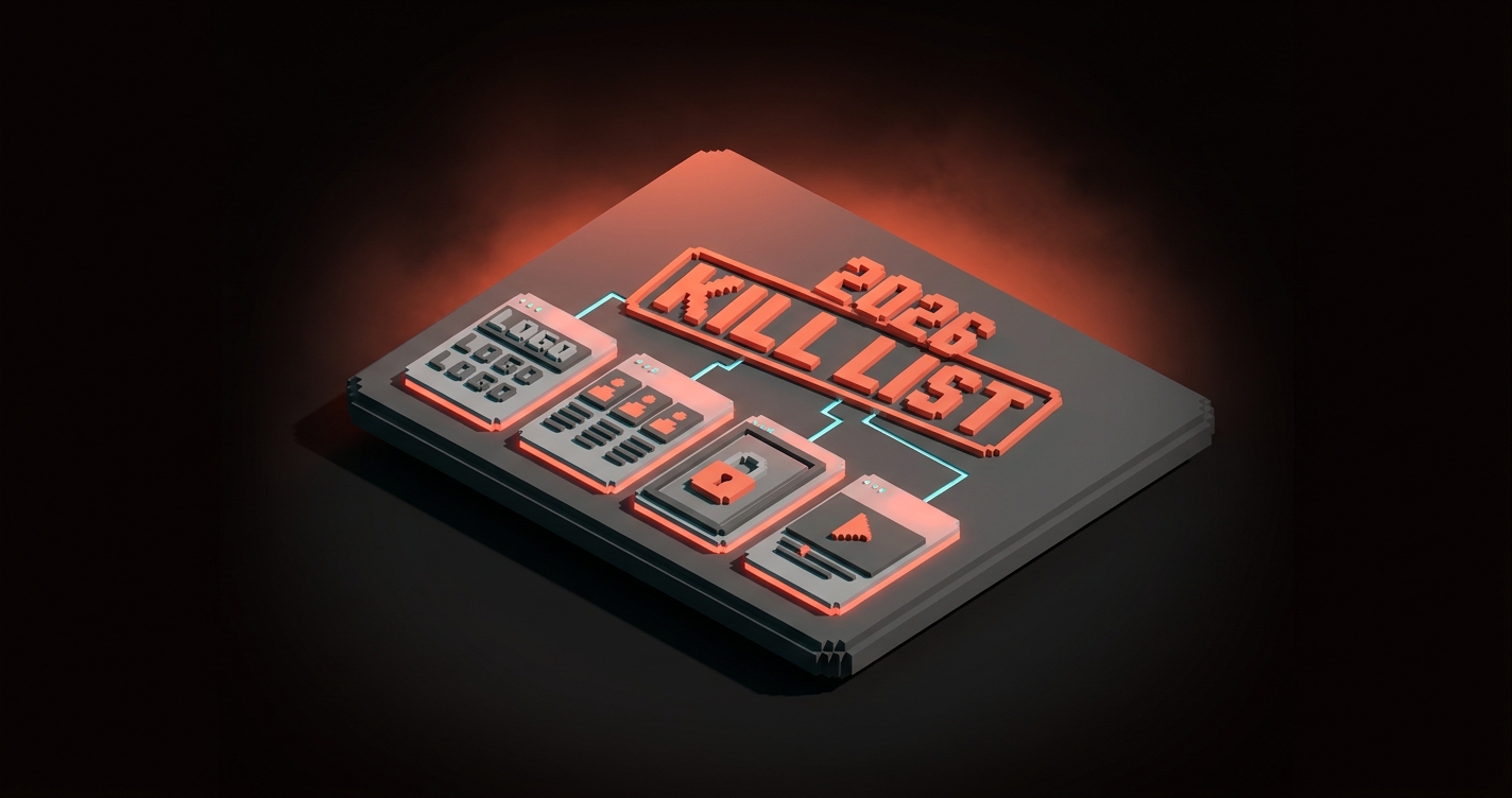 A graveyard cell showing retired 2023 landing page patterns: gray logo marquee, equal-weight feature row, gated content CTA, autoplay video hero, labeled as "2026 kill list"