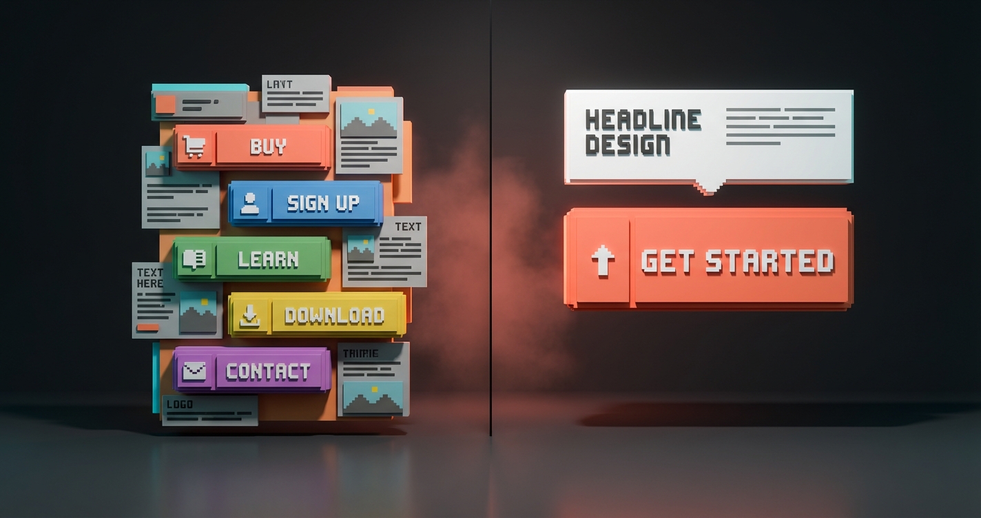 Voxel concept showing a single dominant CTA button on a page stripped of competing actions, visualizing the principle of one conversion goal per page