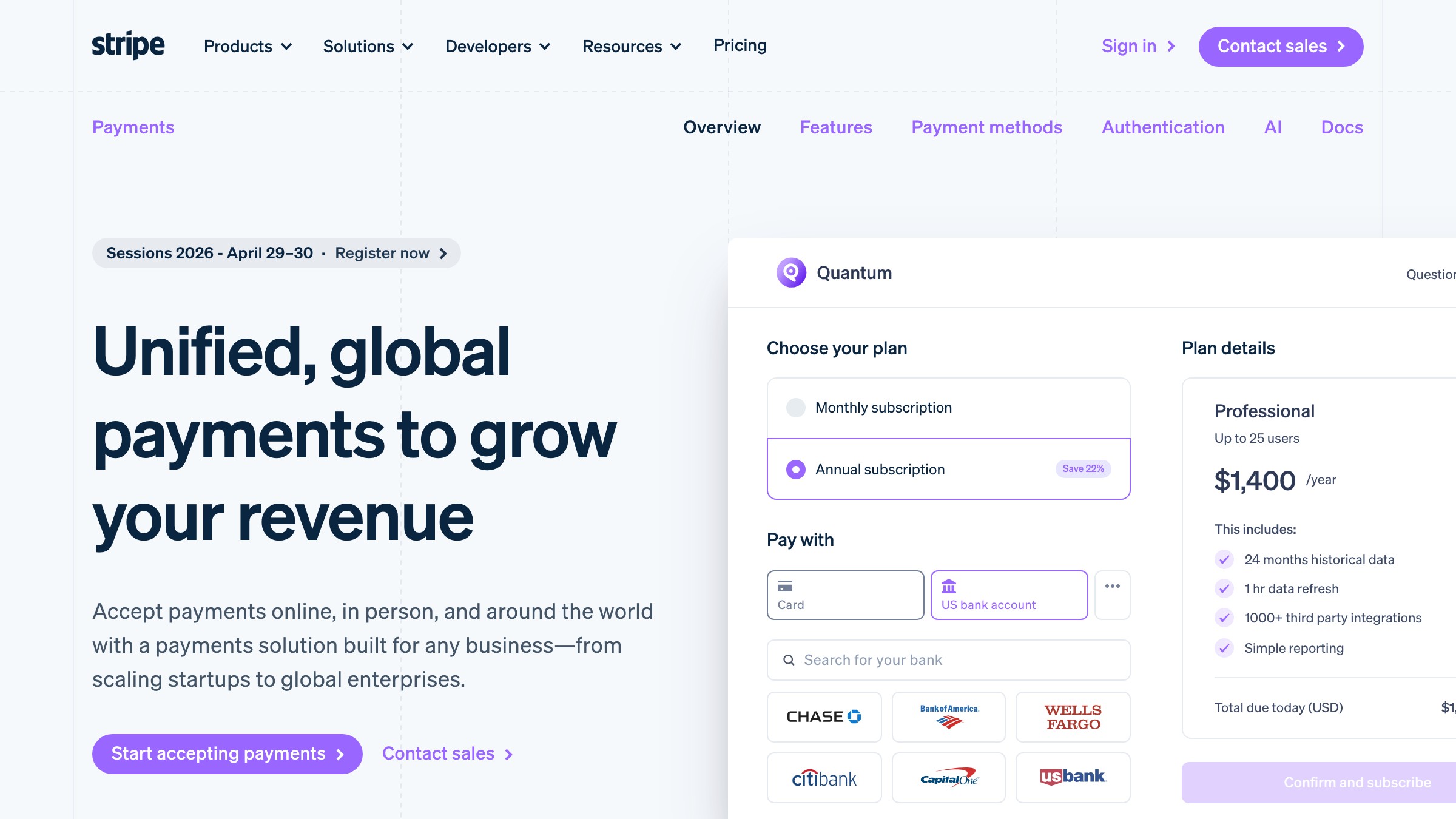 Stripe's landing page hero with a single declarative headline and a developer-focused feature grid using API snippets as proof below the fold