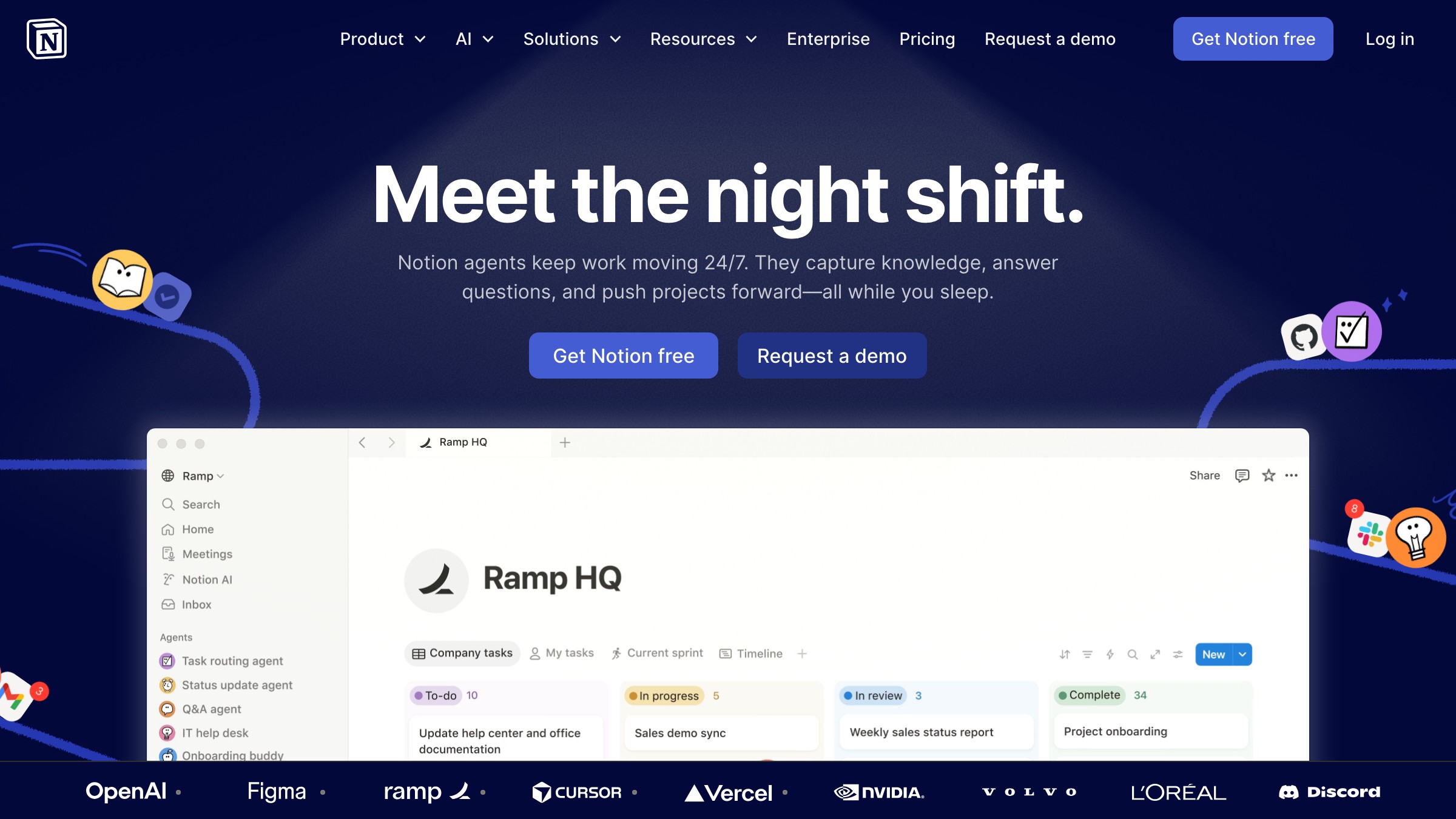 Notion's landing page showing a flexible hero headline anchored by a large logo wall placed immediately below the fold