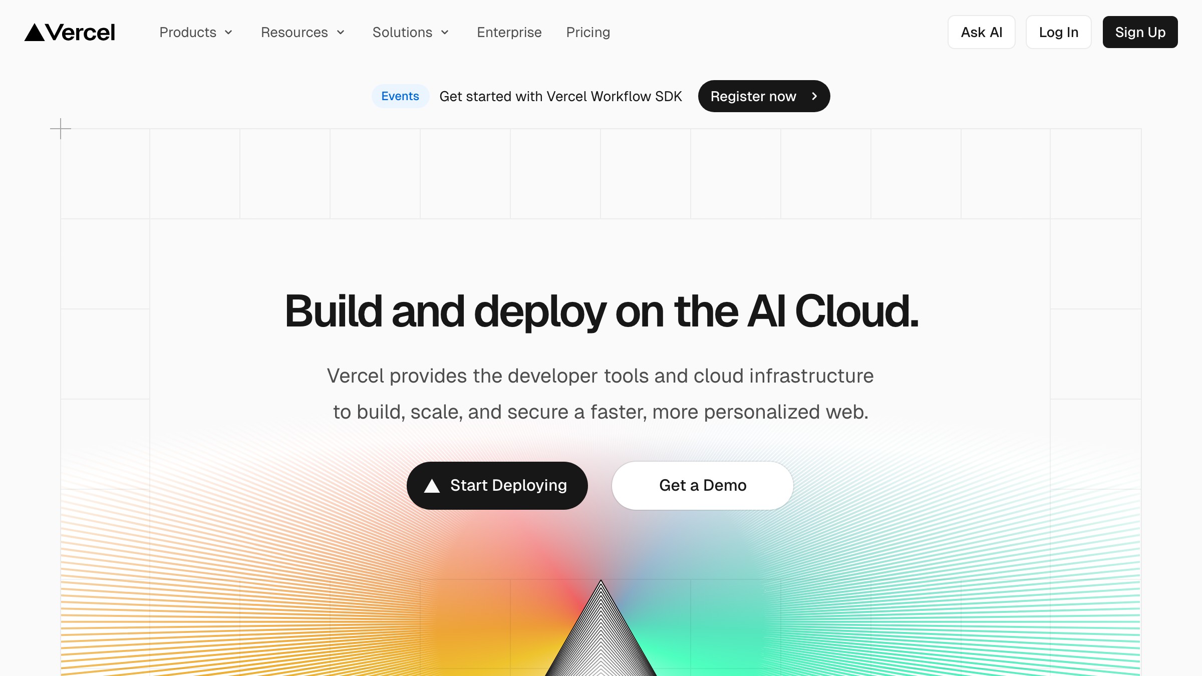 Vercel's landing page hero embedding a live deploy demo with real code previews, with self-serve CTA visually dominant over the enterprise path