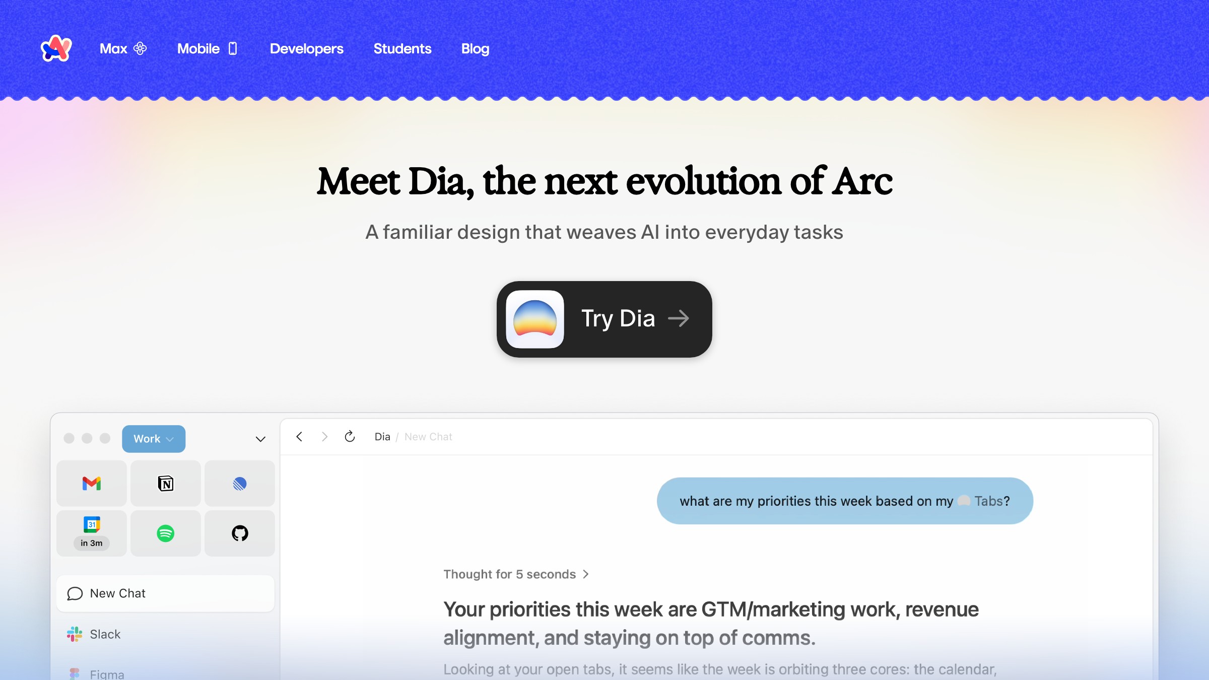 Arc Browser's landing page leading with personality and product design credibility over feature lists