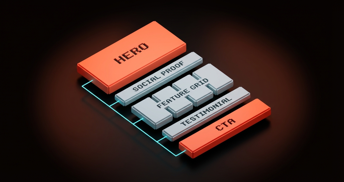 Voxel diagram illustrating the three-layer structure of a high-converting landing page: attention at the hero, trust through social proof, and action at the CTA