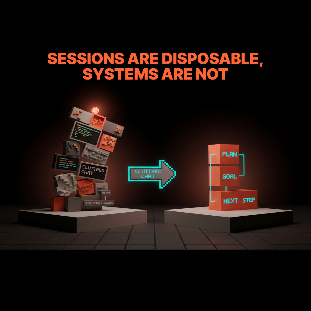 Voxel before-and-after of a cluttered chat session next to a clean reset workspace