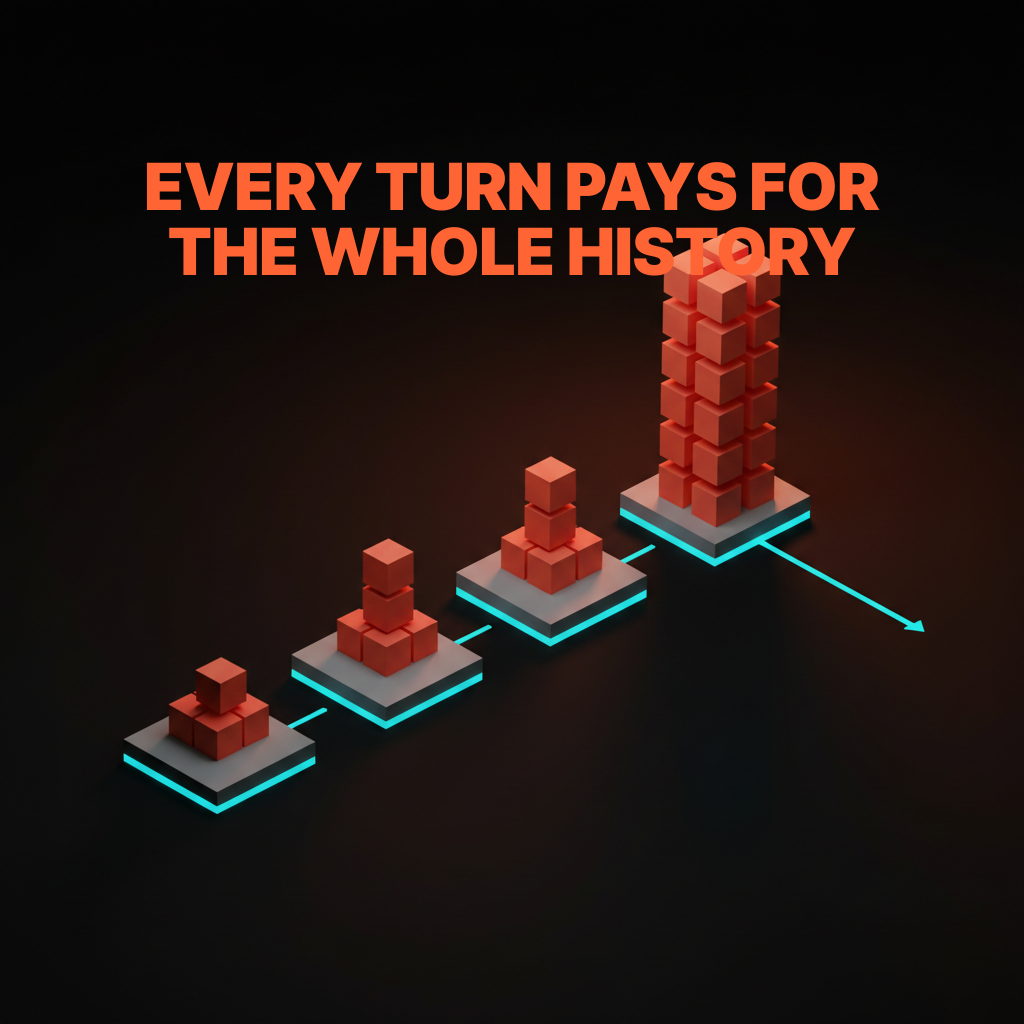 Voxel diagram showing input tokens snowballing turn over turn in an AI chat session