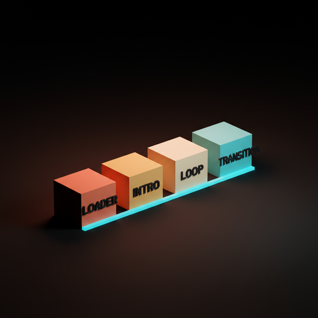 Voxel illustration of the four logo animation modes — loader, intro, loop, and transition — as distinct motion contexts a brand system must cover