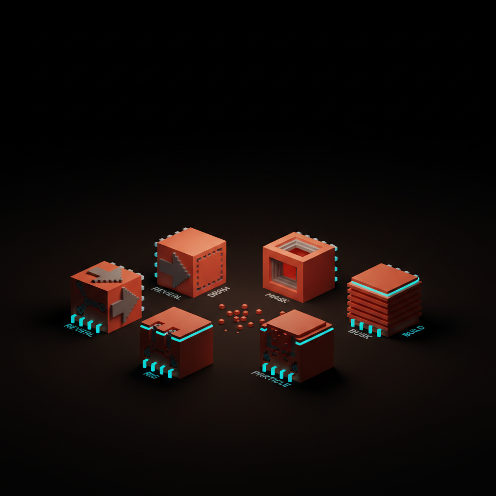 Voxel illustration of the six logo animation patterns — reveal, draw, mask, rig, particle, and build — mapped by complexity and use case