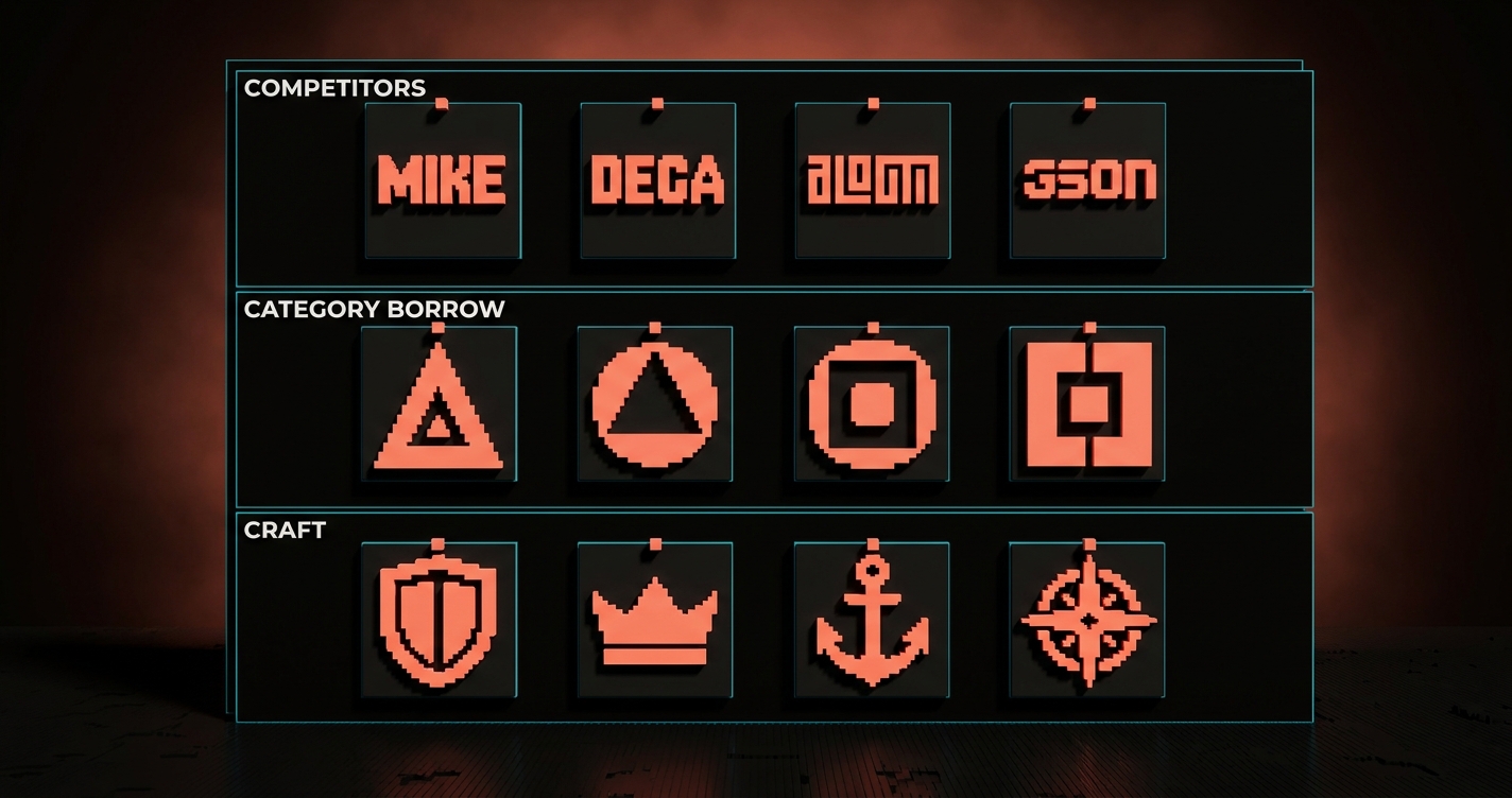 گرید موودبورد وکسل با سه گروه تحقیقاتی روی یک کف استودیوی تاریک: یک ردیف رقیب با wordmarkهای کمرنگ، یک ردیف قرض‌گیری دسته با نشانه‌های هندسی دقیق، و یک ردیف صنعت با نمادهای بی‌زمان محدود. خطوط جداکننده سیان تمیز بین سه ردیف.