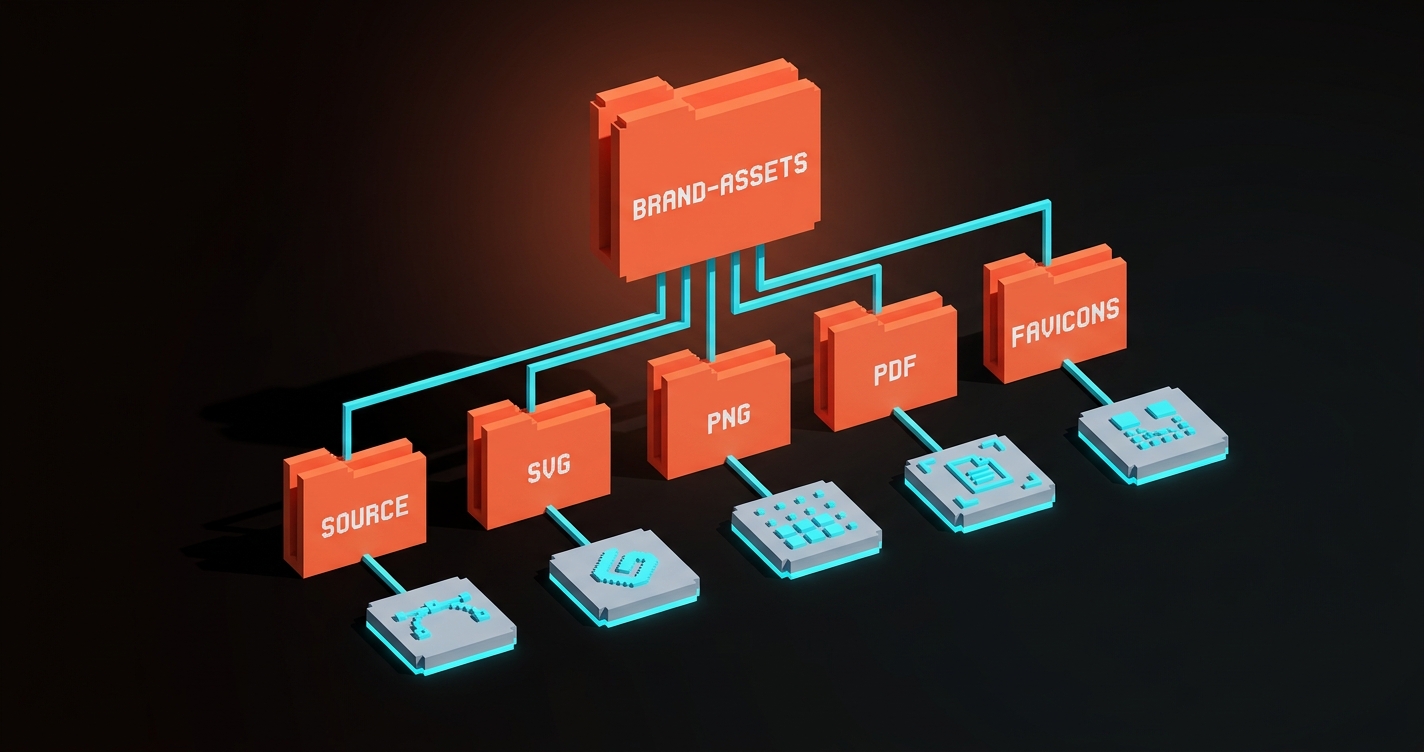 پک تحویل وکسل: یک نمودار درخت پوشه تمیز در بلوک‌های وکسل با پشته‌های برچسب‌دار برای فایل‌های سورس، خروجی‌های SVG، اندازه‌های PNG، فایل‌های چاپ PDF، فاویکون‌ها، اسناد مشخصات، و برنامه‌ها. یک خط سیان هر پشته را به یک کاشی نمونه کوچک که نوع محتوا را نشان می‌دهد متصل می‌کند. پس‌زمینه تاریک استودیوی Brainy.