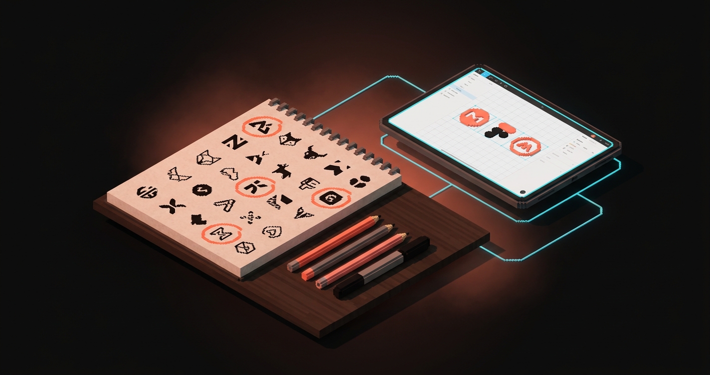 فضای کار وکسل از بالا: یک دفترچه اسکچ کاغذی با تامبنیل‌های لوگوی خشن کوچک با جوهر کشیده‌شده، چند مداد کنارش، یک فنجان قهوه، و یک تبلت در لبه که همان تامبنیل‌ها را در اندازه کوچک روی یک گرید نشان می‌دهد. میز چوبی تاریک استودیوی Brainy.