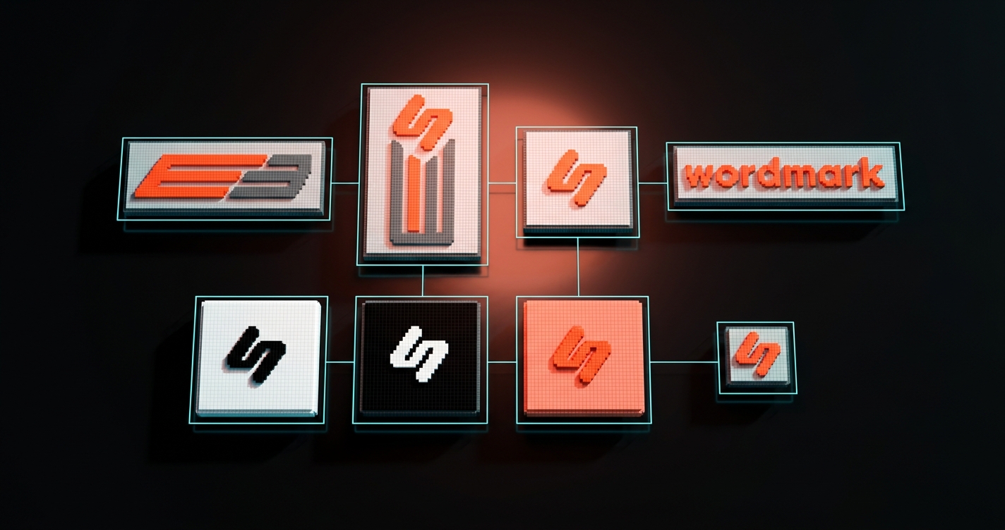 گرید وریانت وکسل روی یک سطح استودیوی تاریک: یک قفل‌بندی افقی اصلی در گوشه بالا چپ، یک قفل‌بندی عمودی کنارش، یک مربع فقط نشانه، یک نوار فقط wordmark، یک کاشی مشکی روی سفید، یک کاشی سفید روی مشکی، و یک کاشی جوهر برند تک‌رنگ در پایین راست. هر کاشی یک حاشیه سیان نازک دارد. گرید تمیز.