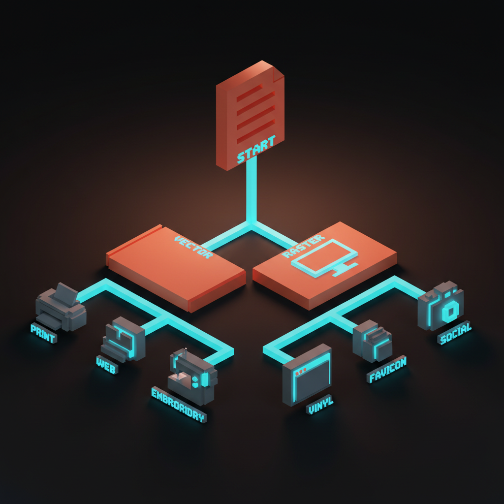 Voxel decision tree mapping logo format choices across web, print, editing, and fallback use cases.
