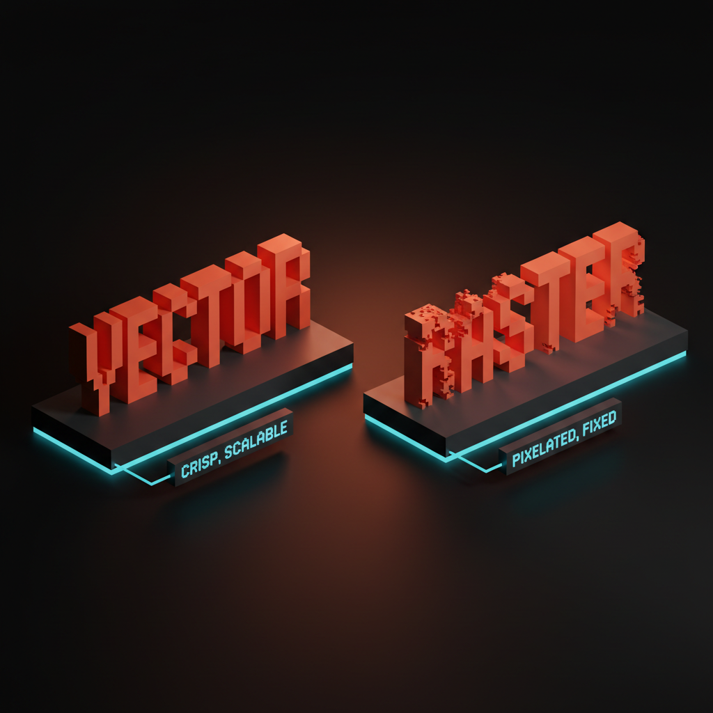 Voxel diagram contrasting a vector shape with crisp edges against a raster pixel grid at scale.