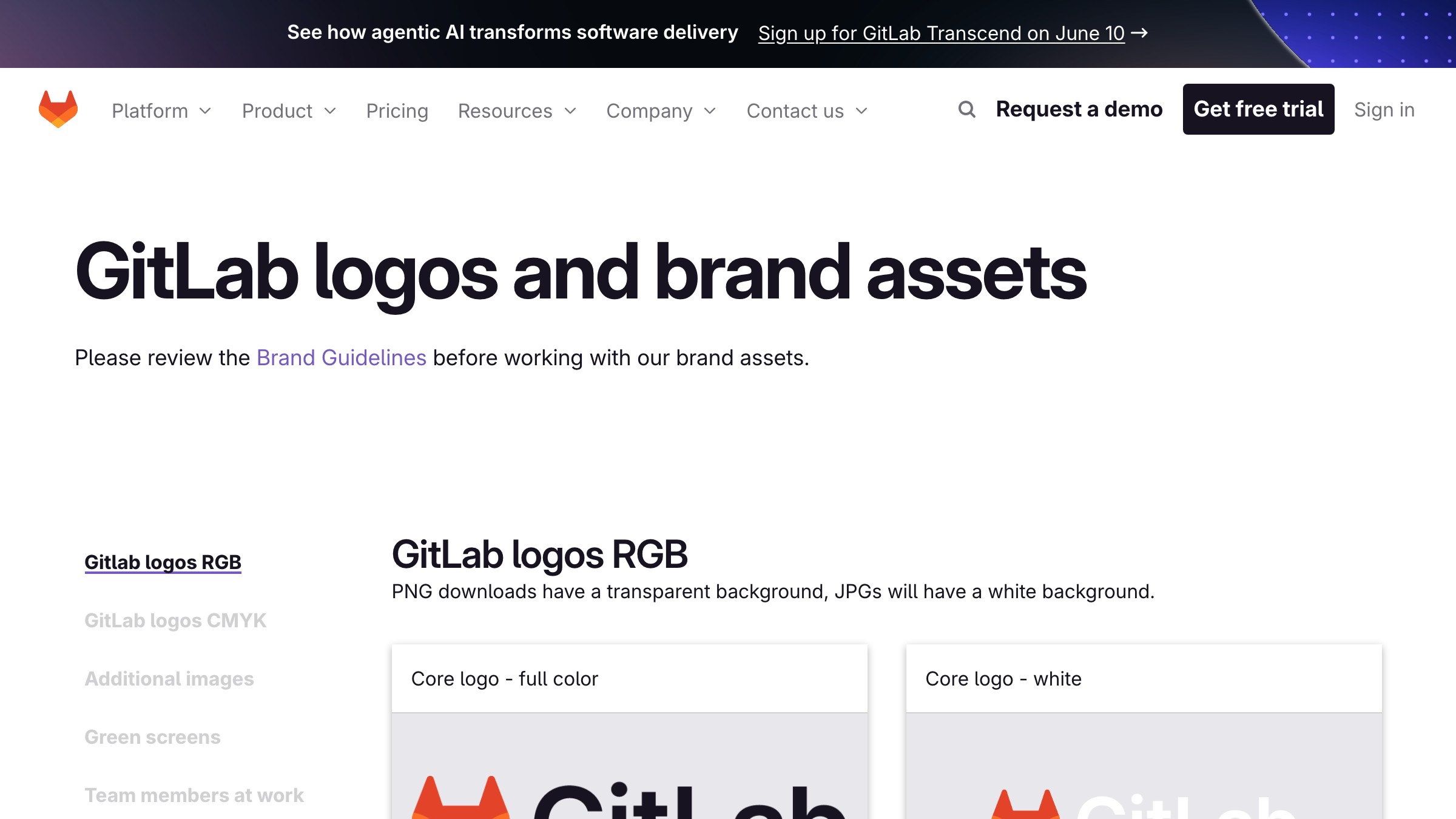 GitLab press kit page listing EPS and vector logo downloads for production and media use.