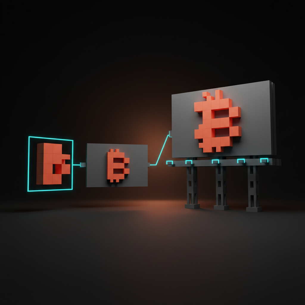 Voxel concept showing a raster logo pixelating as it scales beyond its original export dimensions.