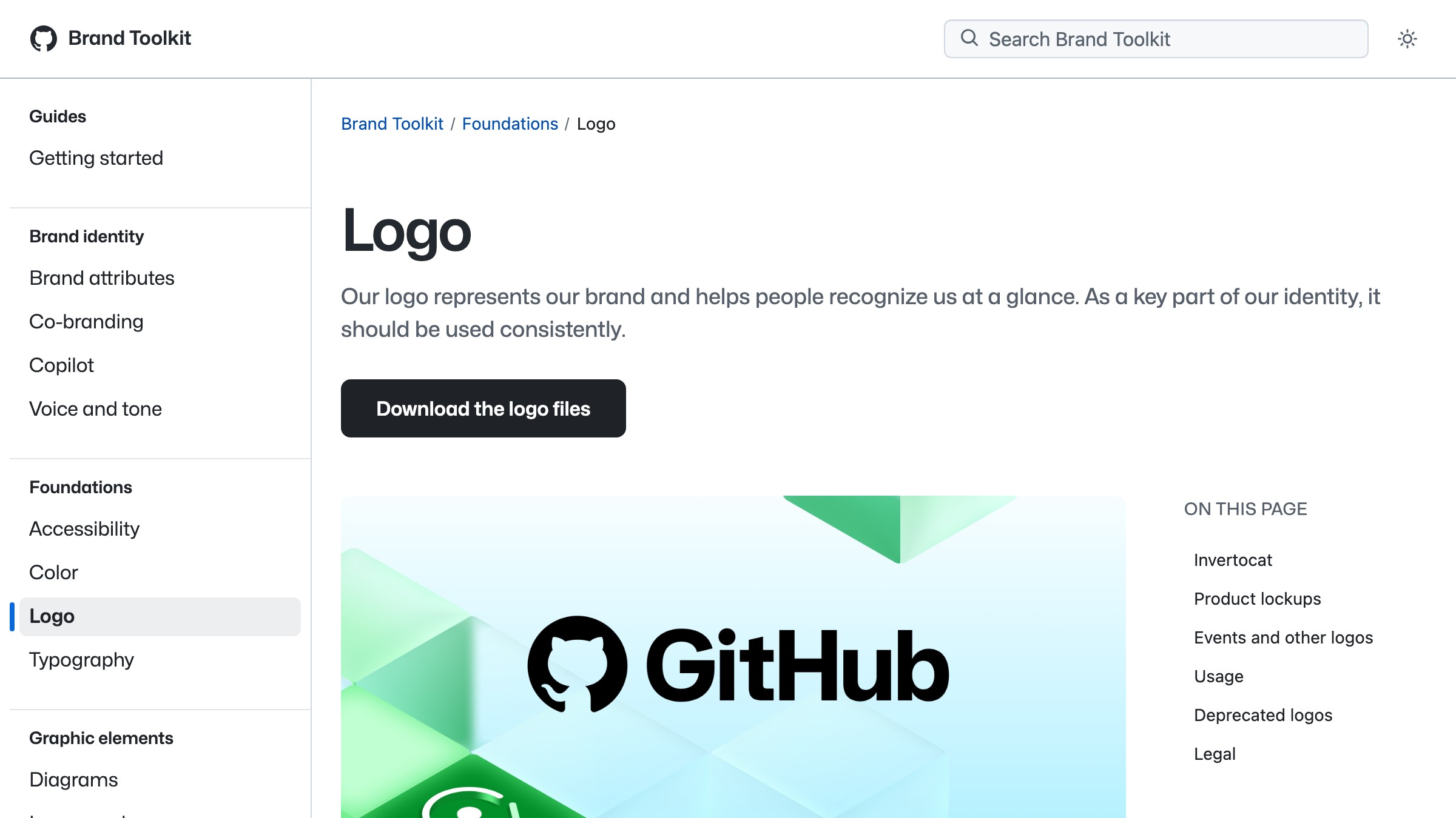 GitHub brand kit page showing structured logo downloads including SVG, PNG, and vector source files.