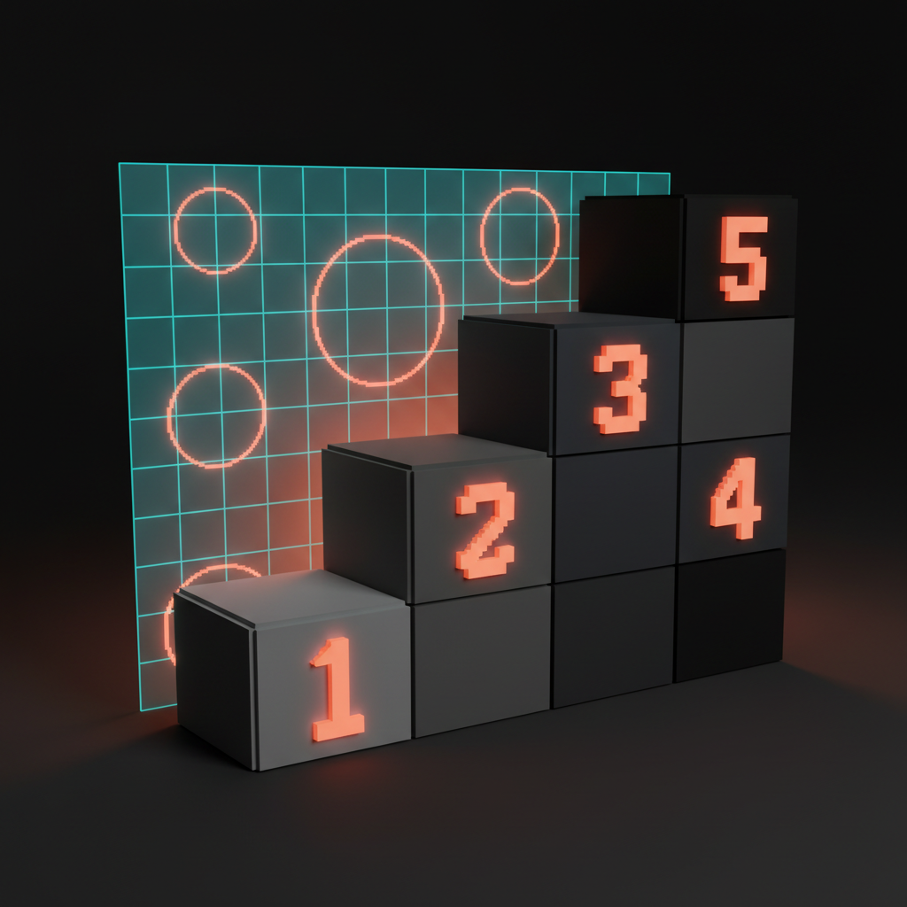 ترکیب وکسل از پنج بلوک سنگین کوچک که به صورت پلکانی از پایین سمت چپ تا بالا سمت راست چیده شده‌اند و ارقام تکی یک تا پنج روی هر وجه بلوک حک شده است، و در پشت آنها یک صفحه شبکه‌ای مدولار کم‌رنگ با دایره‌های ساختمانی مرجانی سایه‌وار قرار دارد.