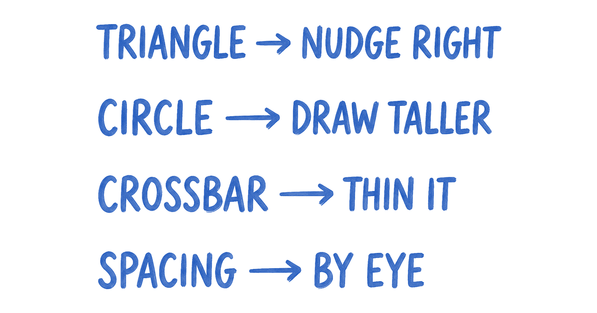A handwritten sheet in blue ink, triangle nudge right, circle draw taller, crossbar thin it, spacing by eye