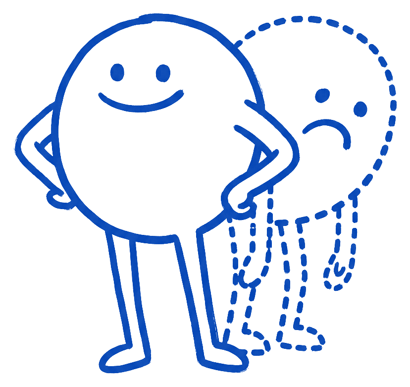 The same logo character drawn in ink standing tall and confident, its slumped old self dotted in behind it
