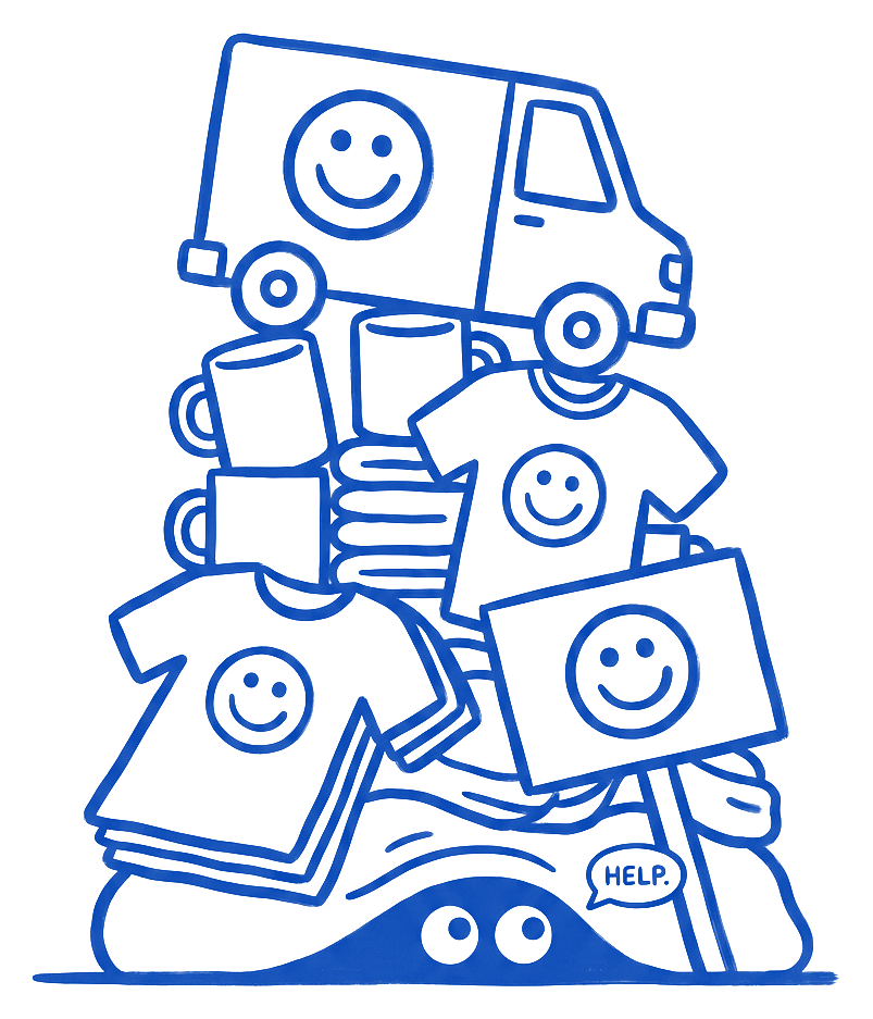 A logo character drawn in ink buried under a pile of vans, mugs and shirts that all wear its face, asking for help