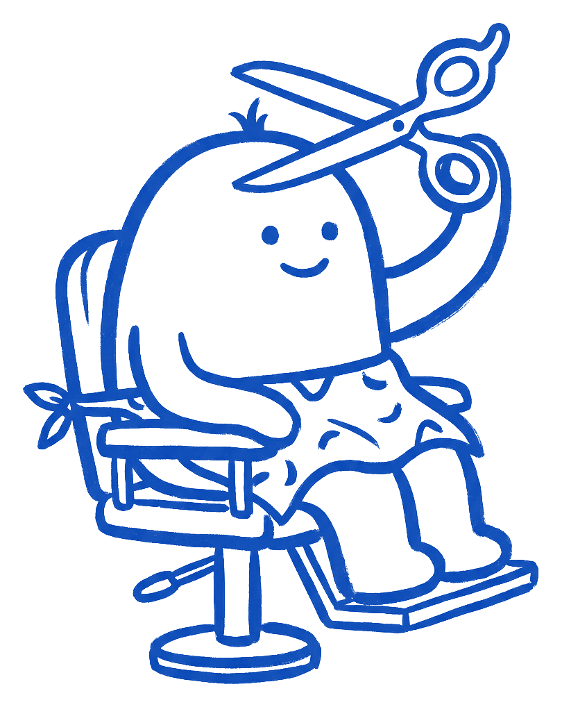 A logo character drawn in ink sitting in a barber chair while scissors trim one tuft off the top, the same logo, tidier