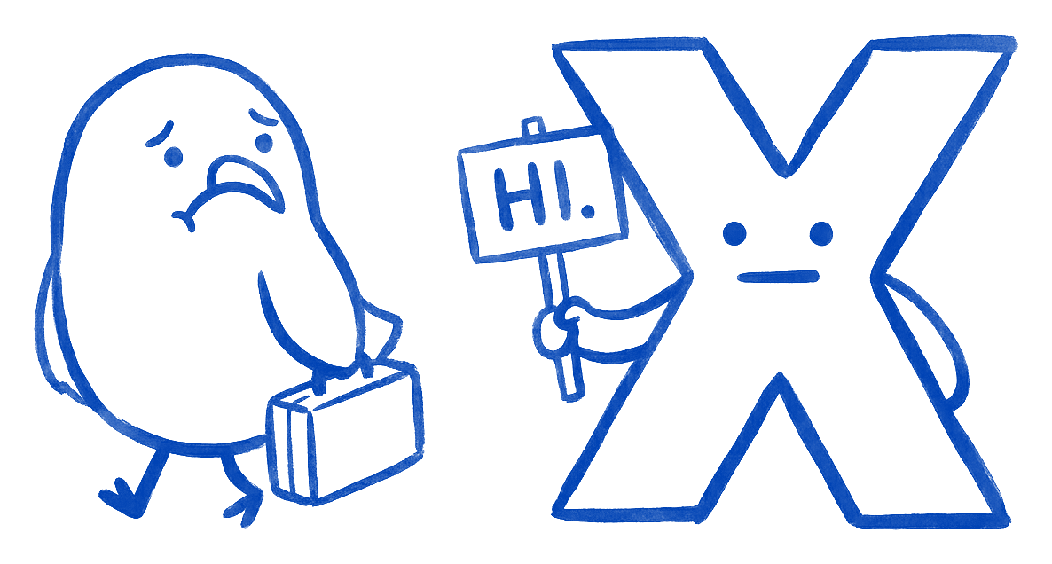 A sad bird drawn in ink walking away with a suitcase while a blank letter X holds up a sign saying HI