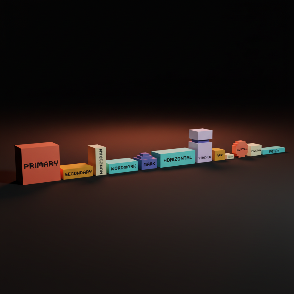 Voxel illustration of a brand mark family showing multiple logo variants arranged as a cohesive system