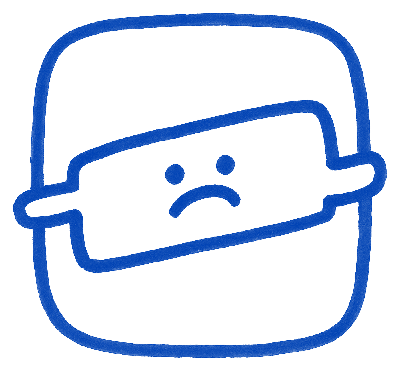 A full wordmark crammed into a rounded square drawn in ink, overflowing the edges of the app icon