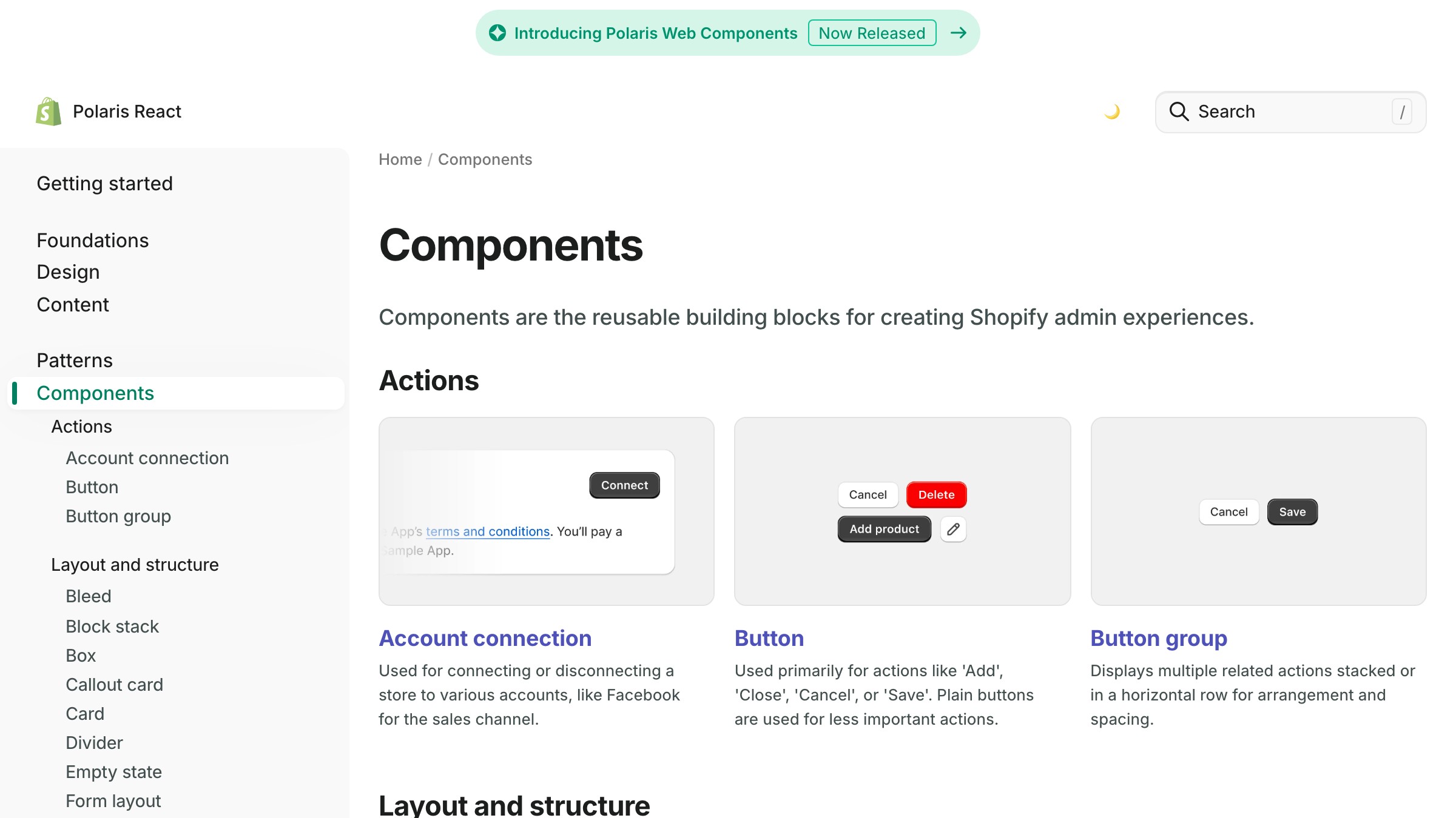 Shopify Polaris components page showing a queryable, structured catalog of named UI components